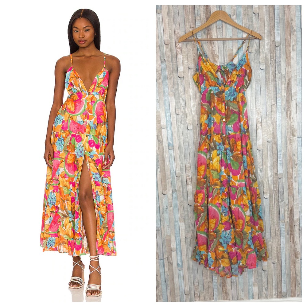 New Love the Label S Oceane Maxi Dress Tropical Fruit Floral Cotton Colorful